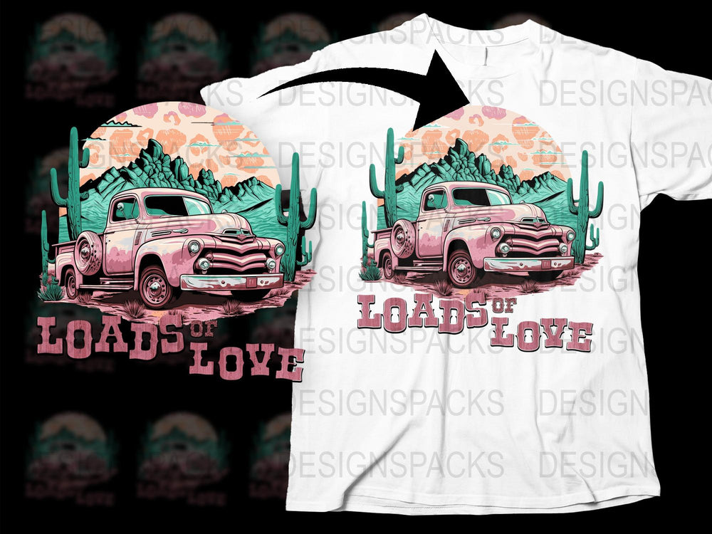 Vintage Truck T-Shirt, Loads of Love Graphic Tee, Retro Desert Design, Cactus Sunset Print, Unisex Fashion Top