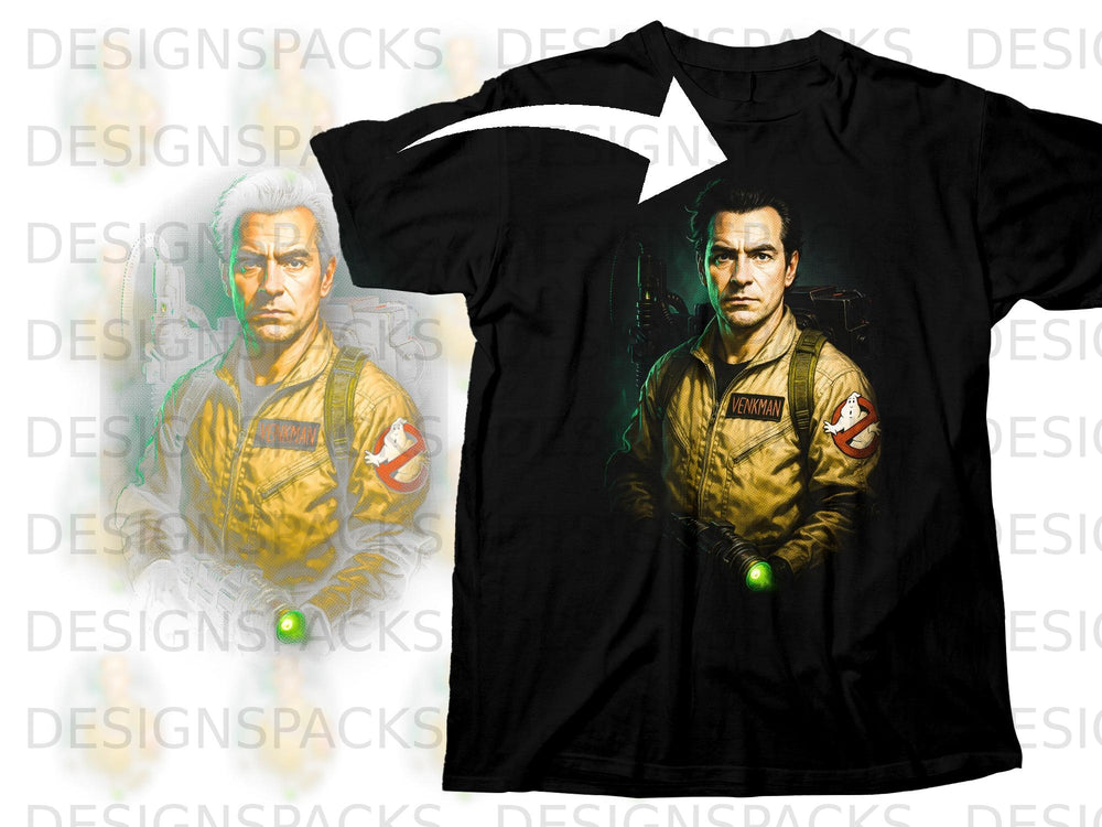 Black t-shirt with a vintage illustration of Peter Venkman in a Ghostbusters uniform.