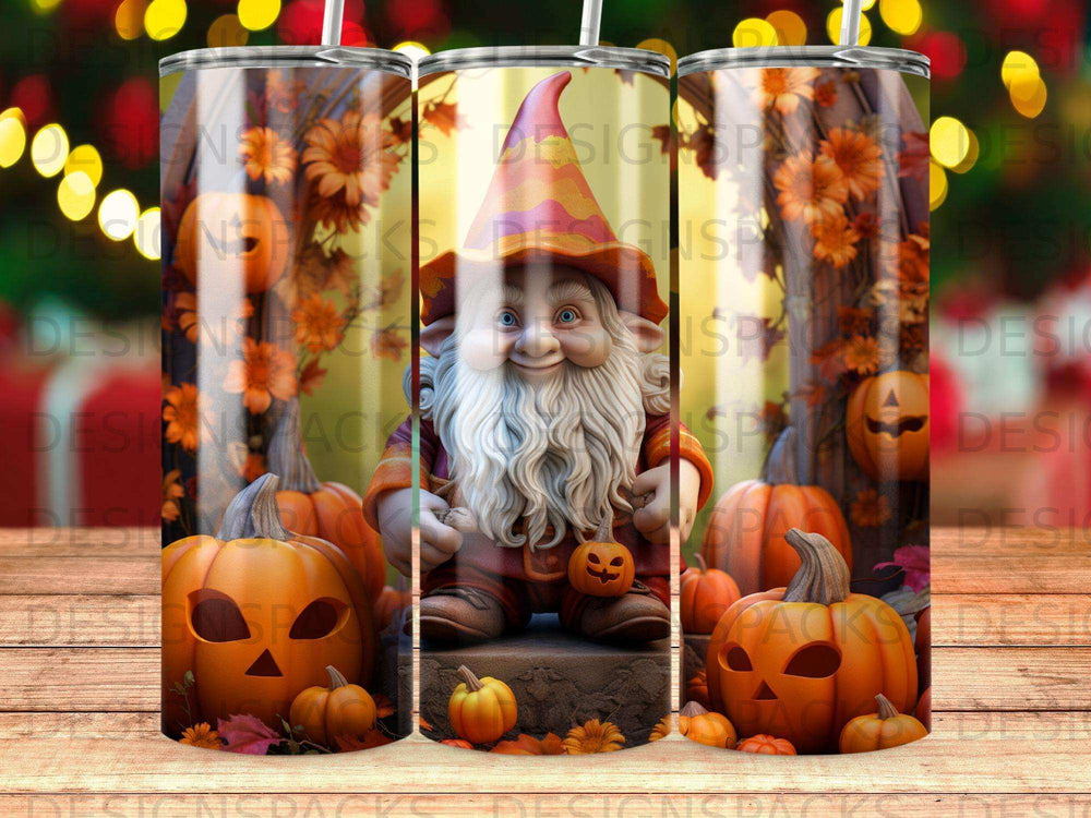 Gnome in pumpkin patch with autumn leaves, on a tumbler.