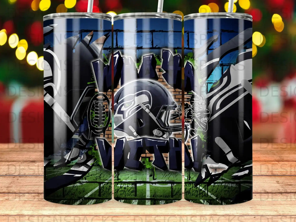 Football helmet and "I'm with the band" text on a tumbler.