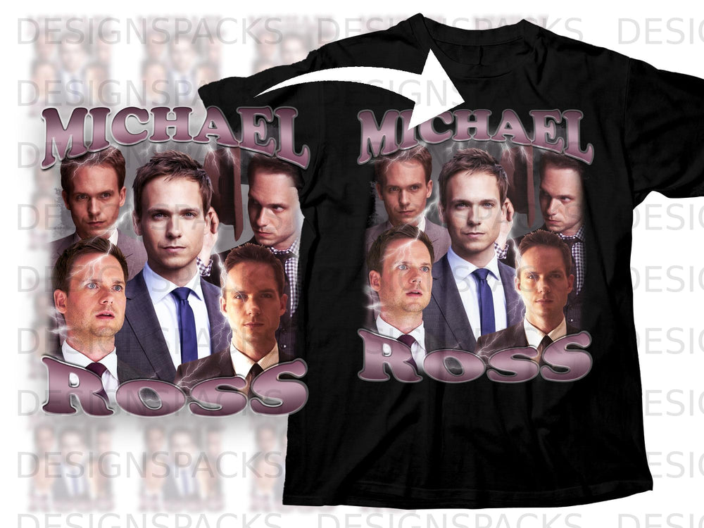 Black t-shirt with "Michael Ross" text and collage of men's portraits.