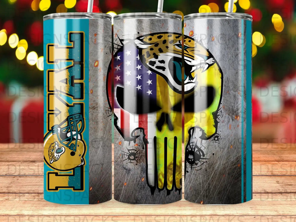 Three stainless steel tumblers featuring NFL Jaguars team logo and American flag skull.