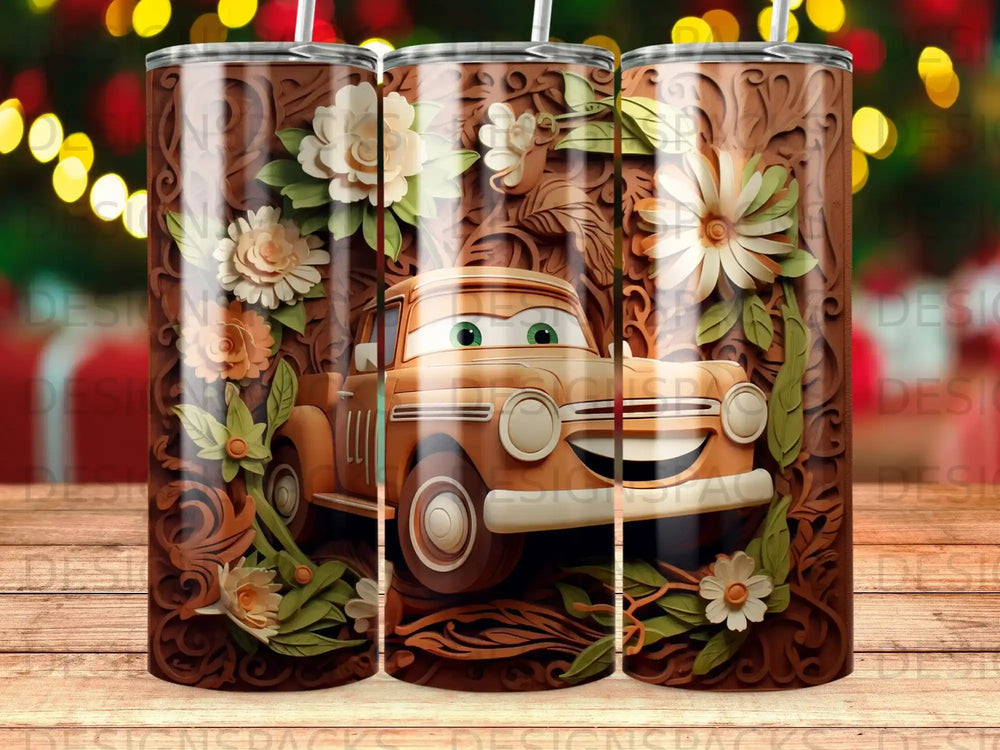Orange cartoon car surrounded by carved wood flowers and leaves.