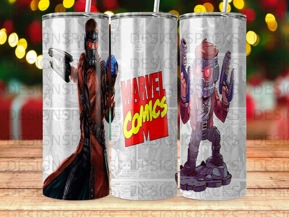Star-Lord with guns drawn from Marvel Comics on a tumbler design.