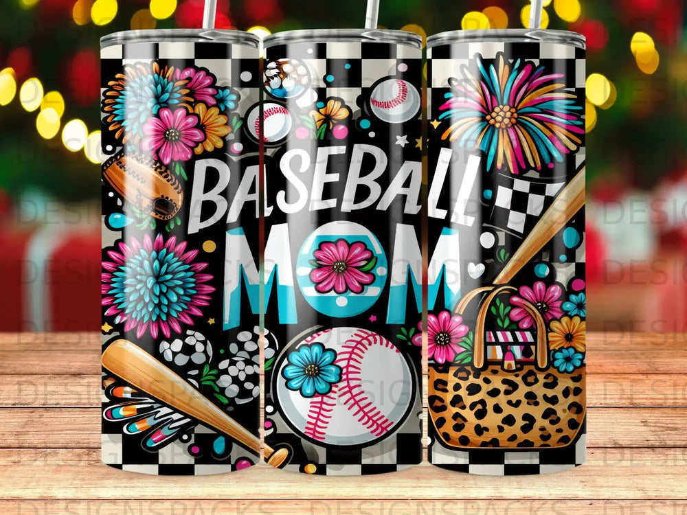 Tumbler with baseball mom design, flowers, baseballs, and checkered flags.