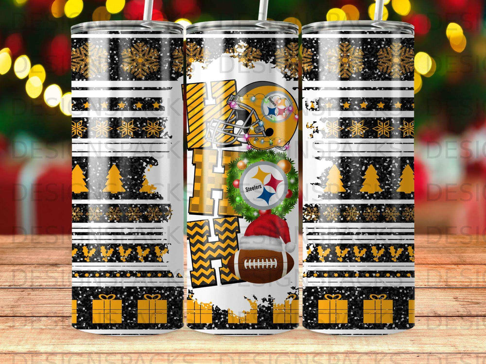 Pittsburgh Steelers "HO HO HO" holiday tumbler with football and snowflakes.
