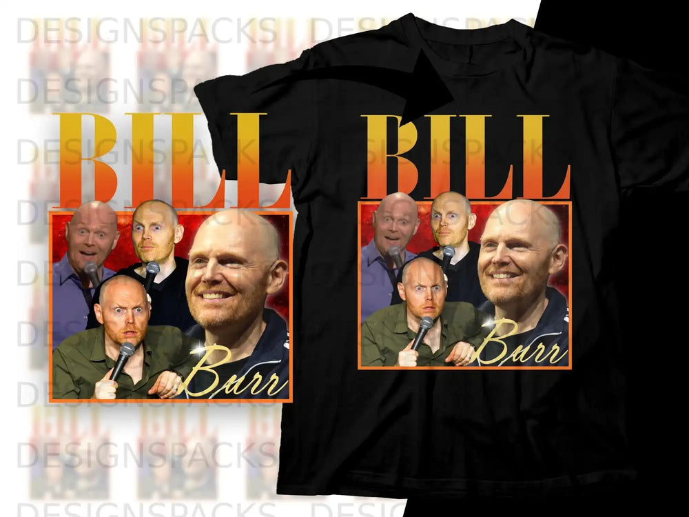 Bill Burr smiling in two framed portraits on a black t-shirt.