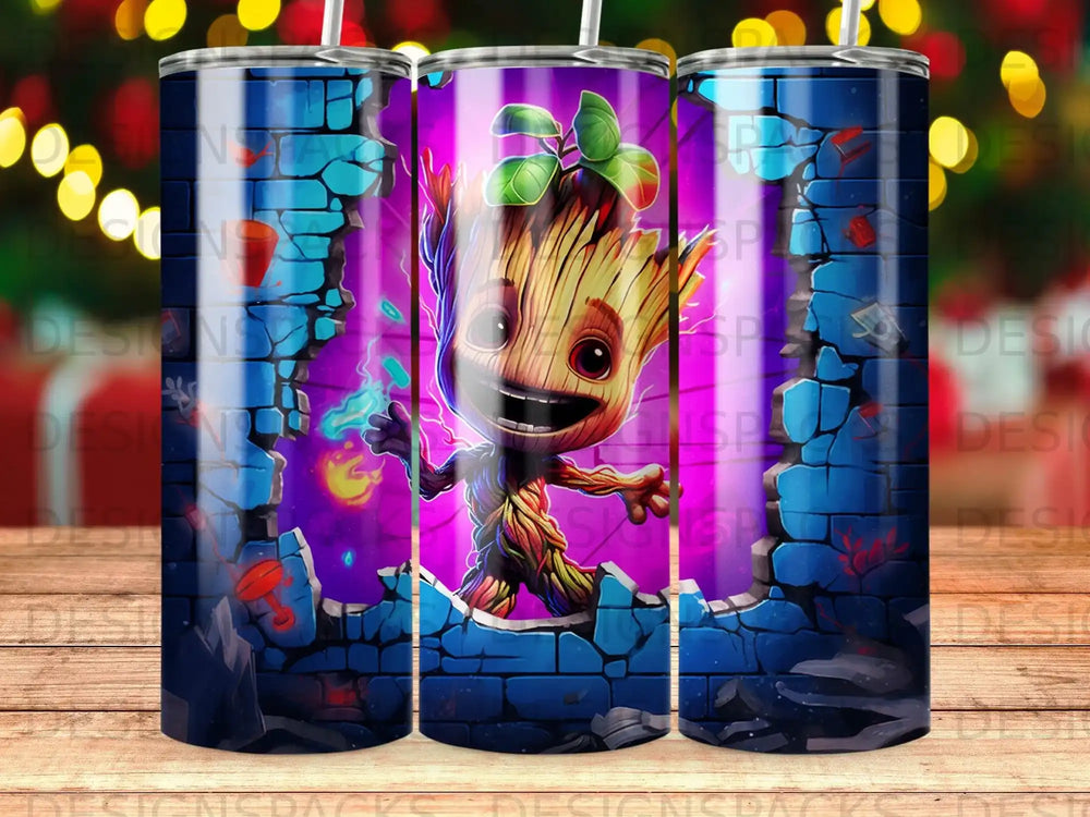 Cartoon Groot bursting through a blue brick wall, vibrant colors.
