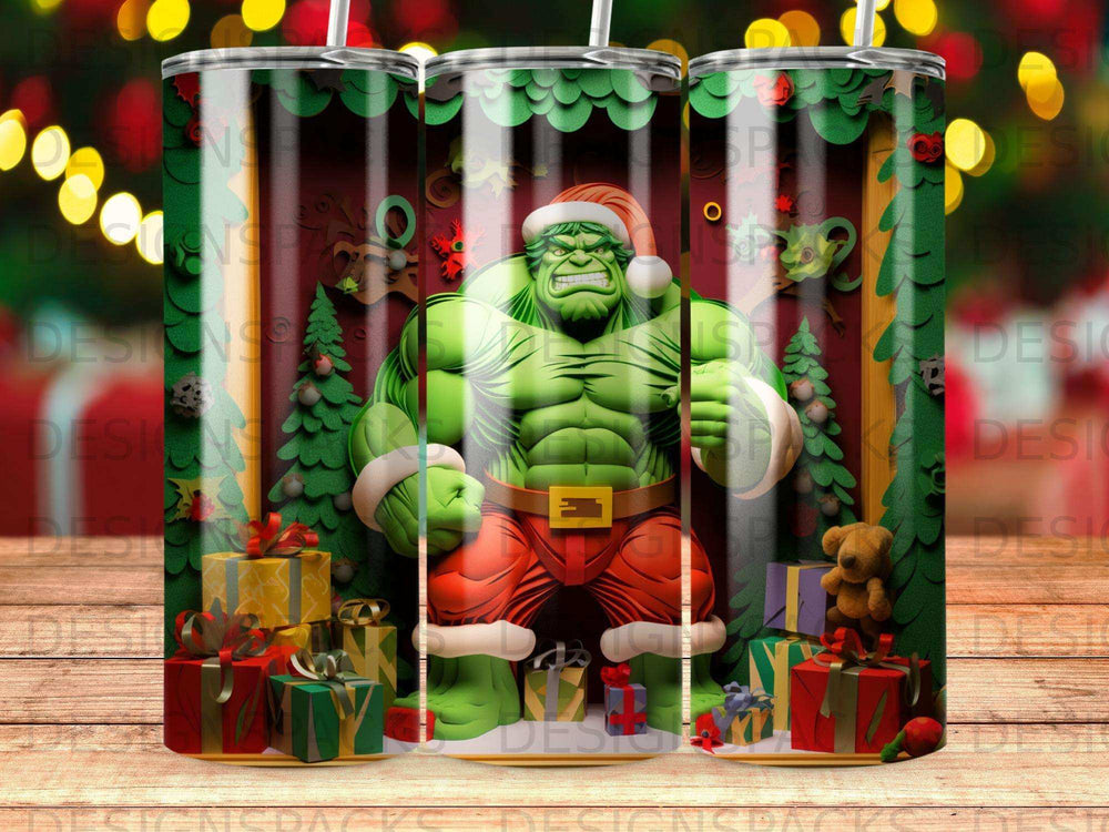 Hulk in Santa hat with Christmas presents.