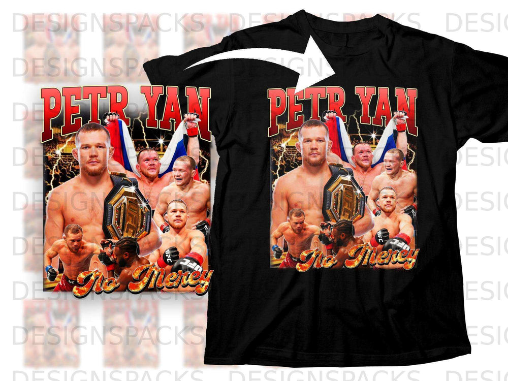 Petr Yan wearing UFC championship belts on black t-shirt graphic.
