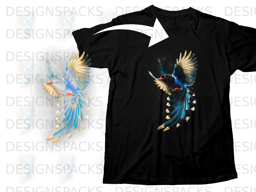 Black t-shirt with a colorful bird design and a white arrow overlay.
