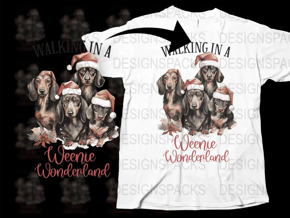 Walking in a Weenie Wonderland Christmas T-Shirt, Dachshund Dog Holiday Tee, Festive Pet Lover Gift, Santa Hat Canine Apparel