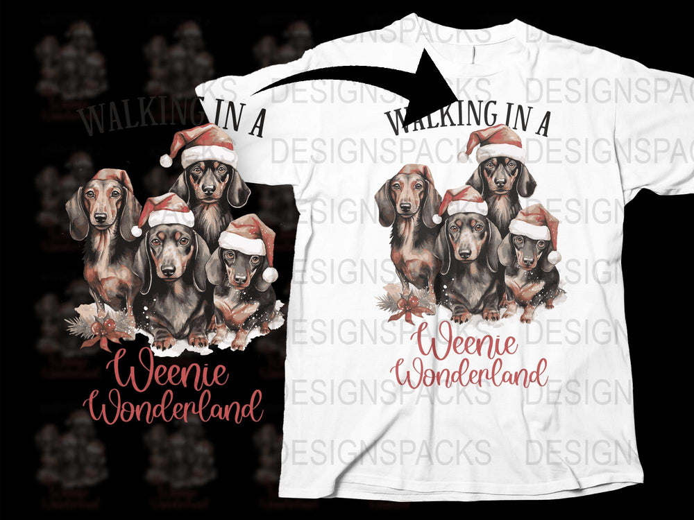 Walking in a Weenie Wonderland Christmas T-Shirt, Dachshund Dog Holiday Tee, Festive Pet Lover Gift, Santa Hat Canine Apparel