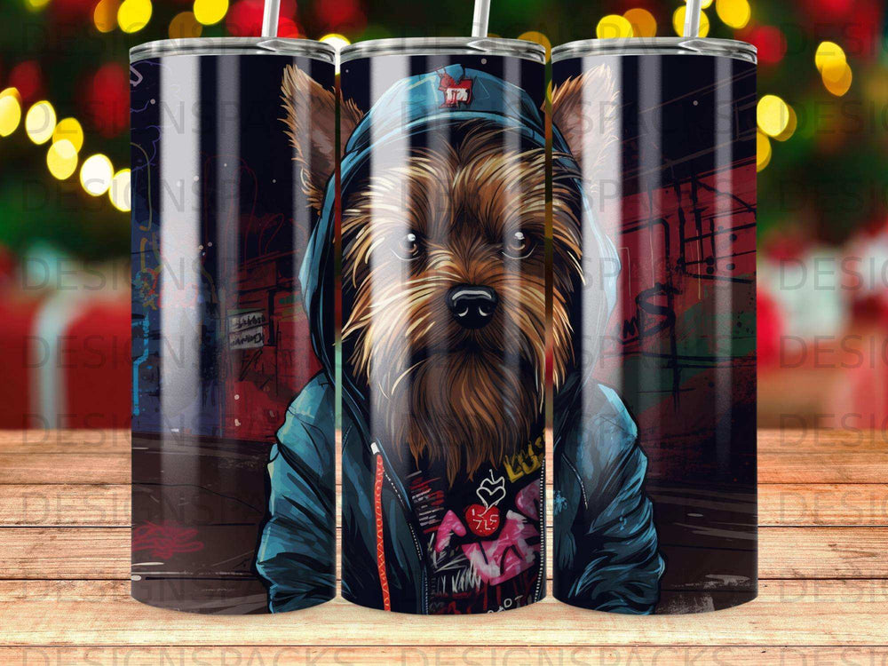 Yorkshire terrier wearing a blue hoodie and headphones, against a cityscape background.
