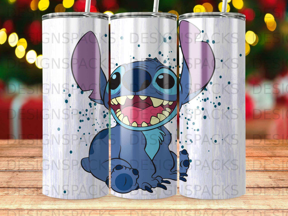 Stitch from Lilo & Stitch on a blue speckled tumbler, smiling widely.