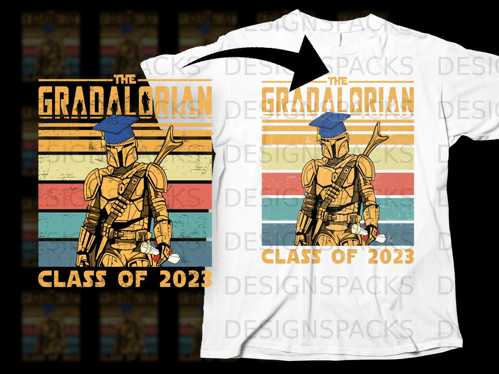 The Gradalorian Class of 2023 design features a Mandalorian character in a graduation cap holding a diploma.