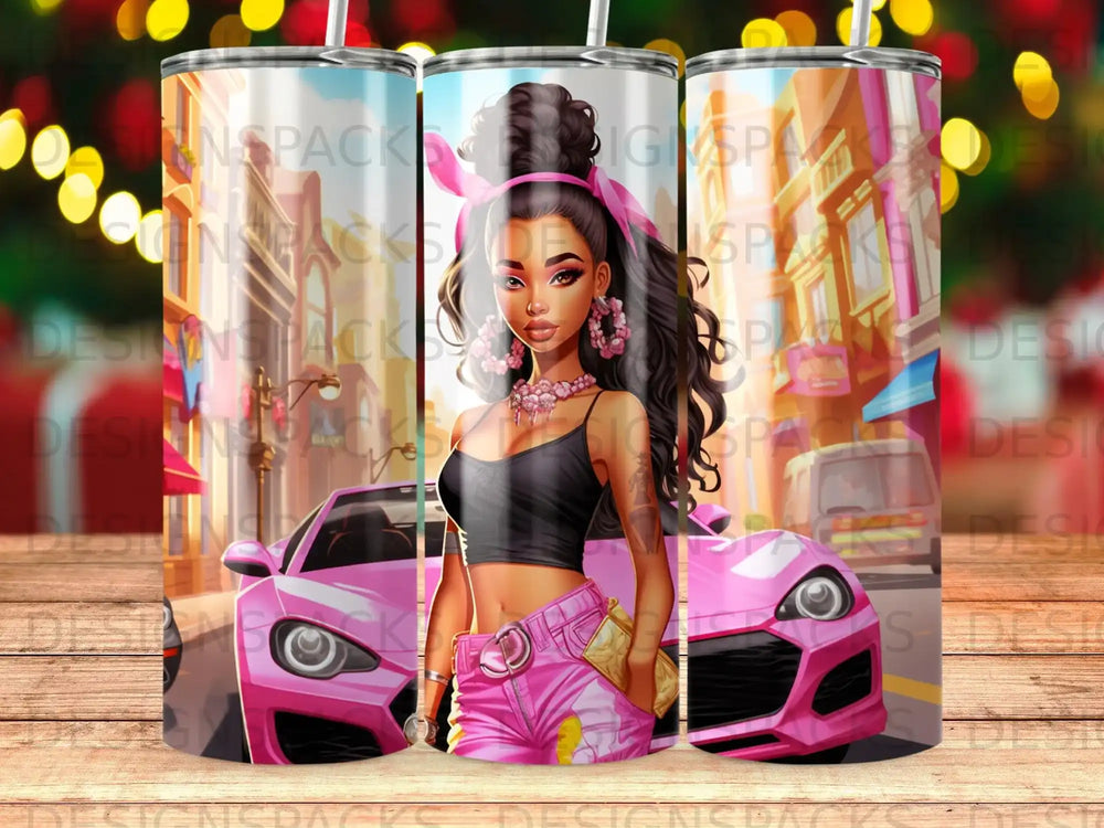 Illustration of a stylized woman in pink shorts next to a pink car.