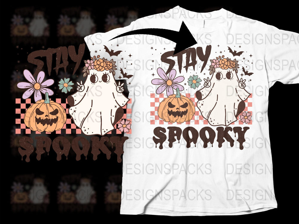 Stay Spooky Halloween T-Shirt, Cute Ghost Graphic, Floral Pumpkin Tee, Fall Season Casual Wear, Unisex Design