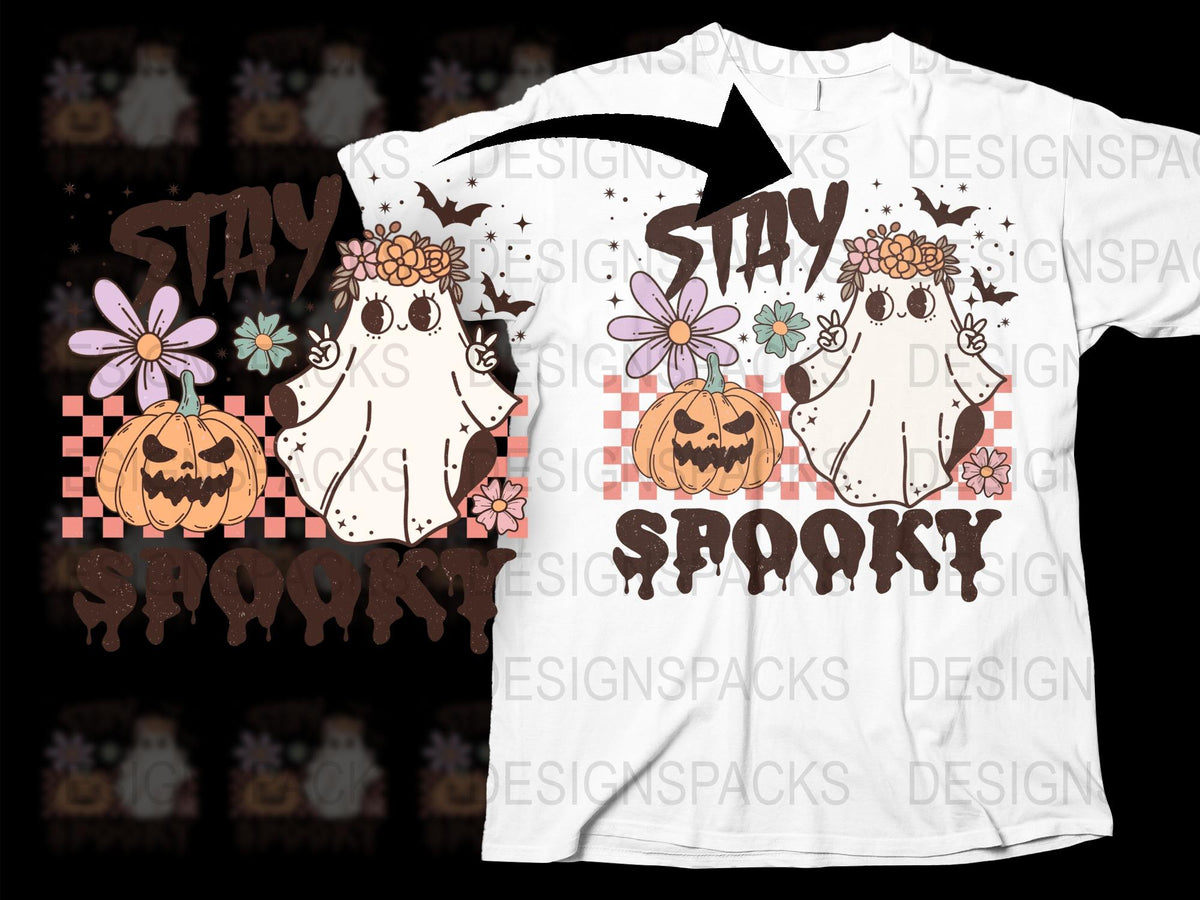 Stay Spooky Halloween T-Shirt, Cute Ghost Graphic, Floral Pumpkin Tee, Fall Season Casual Wear, Unisex Design