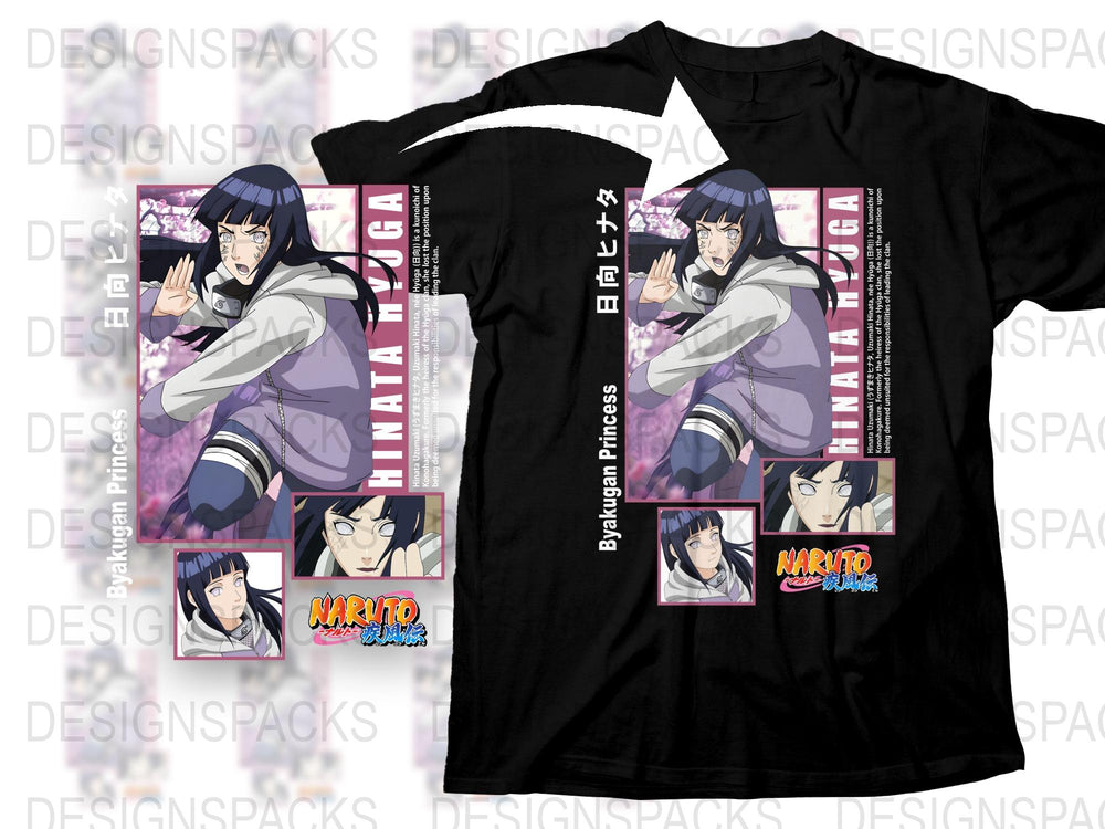 Naruto Anime Hinata Hyuga Graphic T-Shirt, Manga Style Black T-shirt, Japanese Text, Unisex Tee