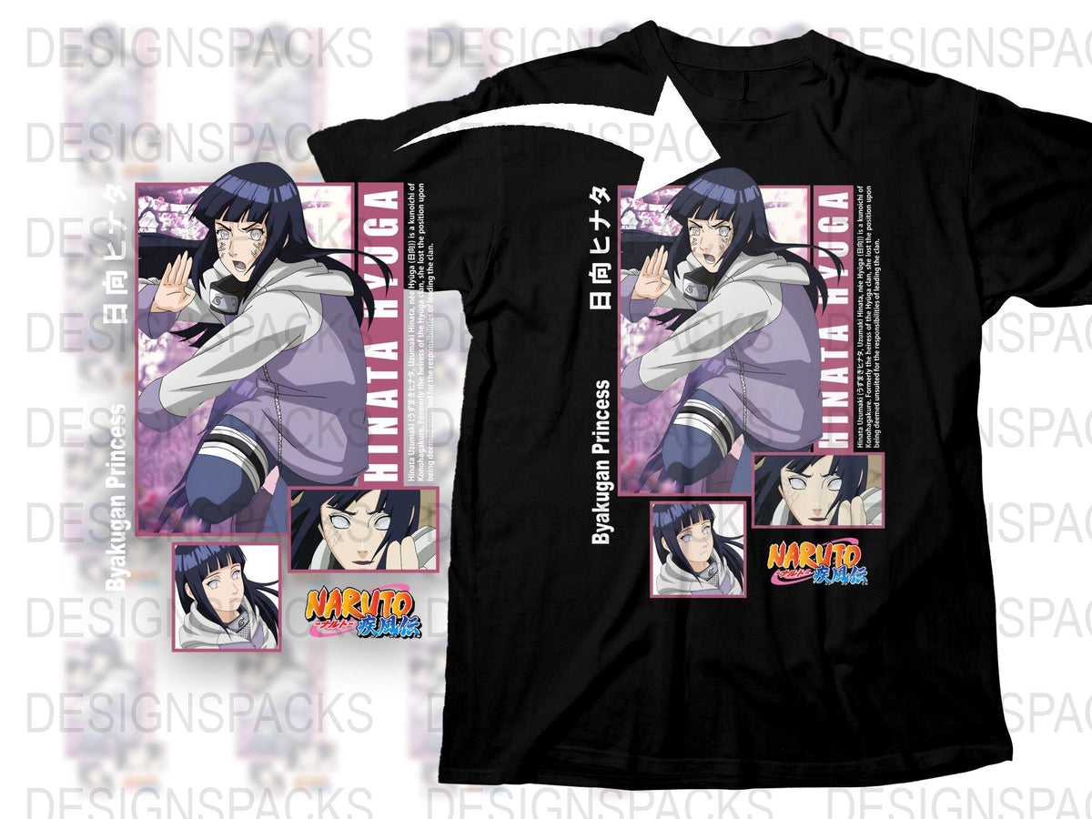 Naruto Anime Hinata Hyuga Graphic T-Shirt, Manga Style Black T-shirt, Japanese Text, Unisex Tee