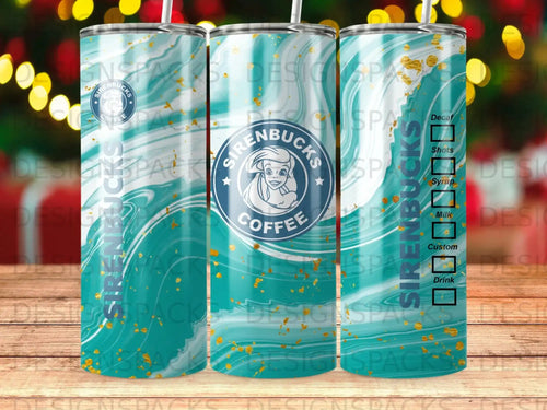 Sirenbucks coffee tumbler with mermaid logo and menu text.