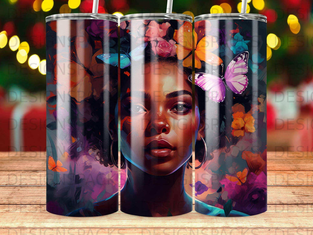 Woman with butterflies in hair and colorful floral background