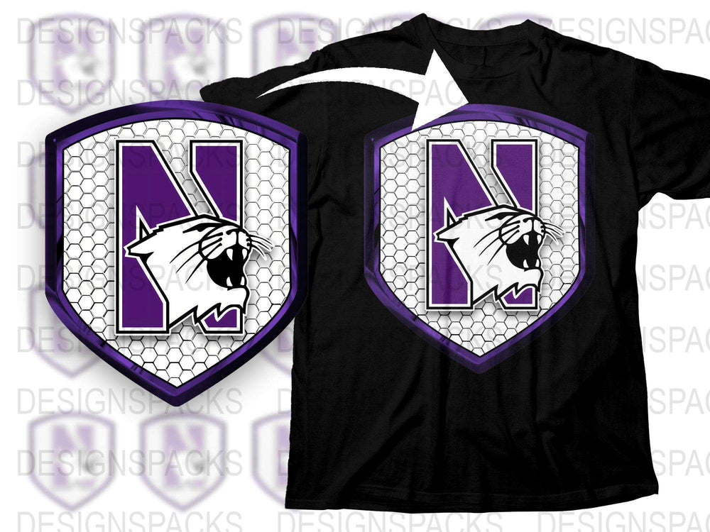 Custom High School Sports Team T-Shirt, Football Crest, Letter N, Panther Logo, Black and Purple Tee