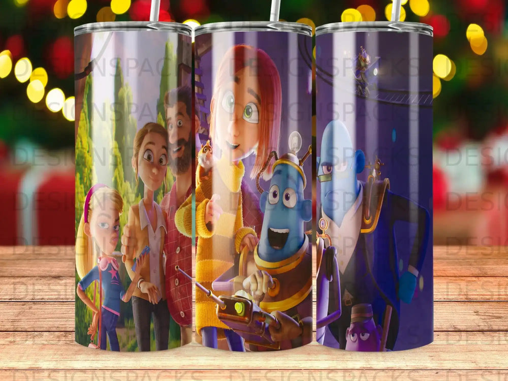 Animated characters from a movie on a cylindrical tumbler wrap design.