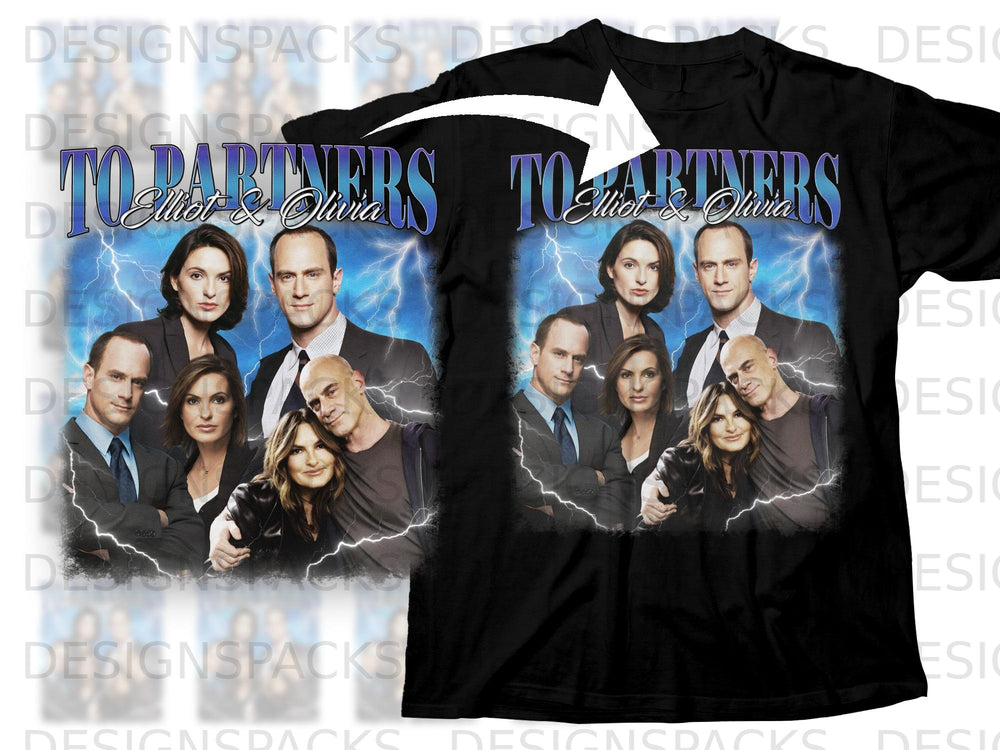 Black t-shirt with "To Partners Elliot & Olivia" text and four character portraits.