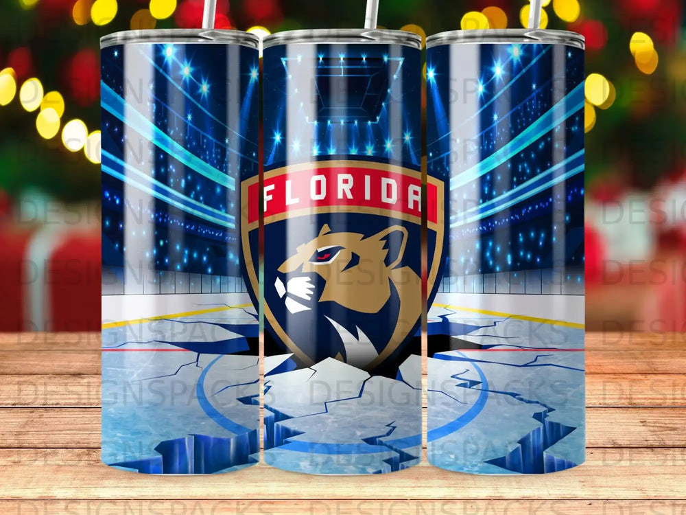 Florida Panthers hockey arena with team logo and cracked ice.