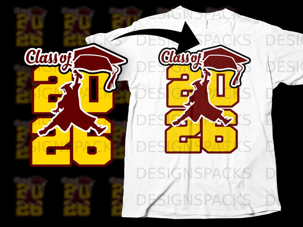Class of 2026 design with graduation cap and silhouette on white t-shirt.