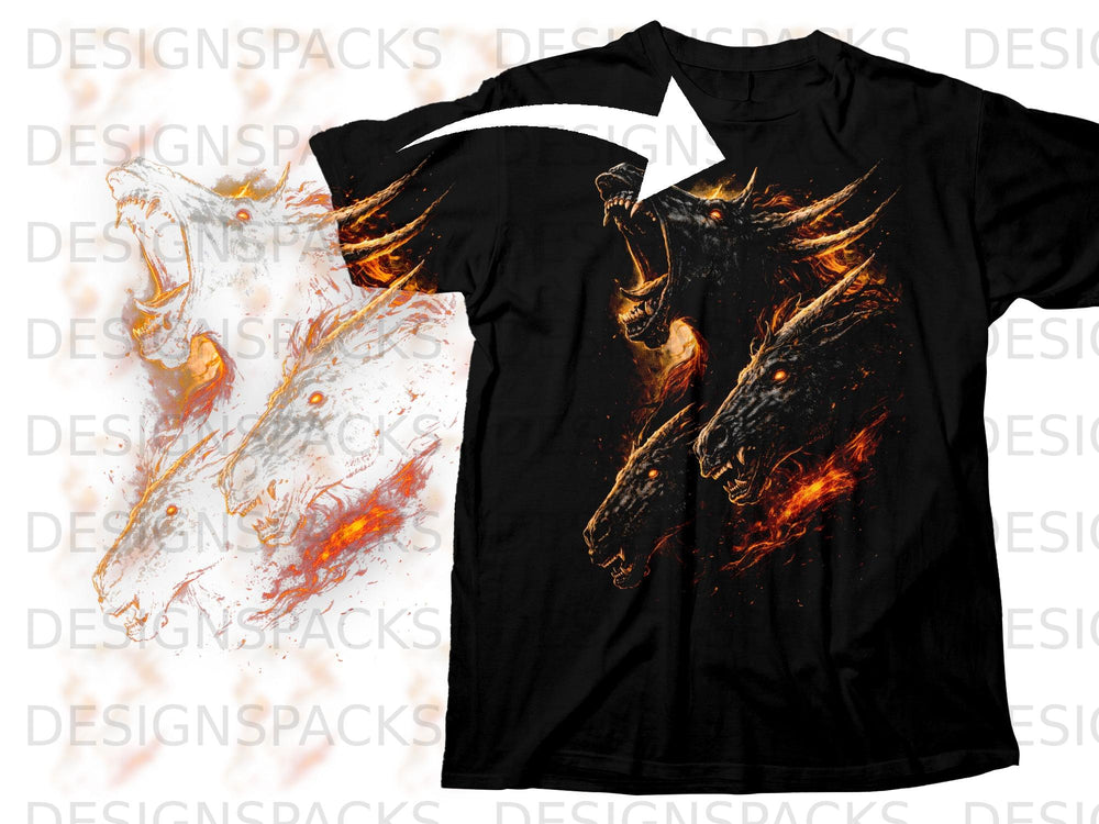 Black t-shirt with fiery dragons graphic design and white arrow pointing from artwork.