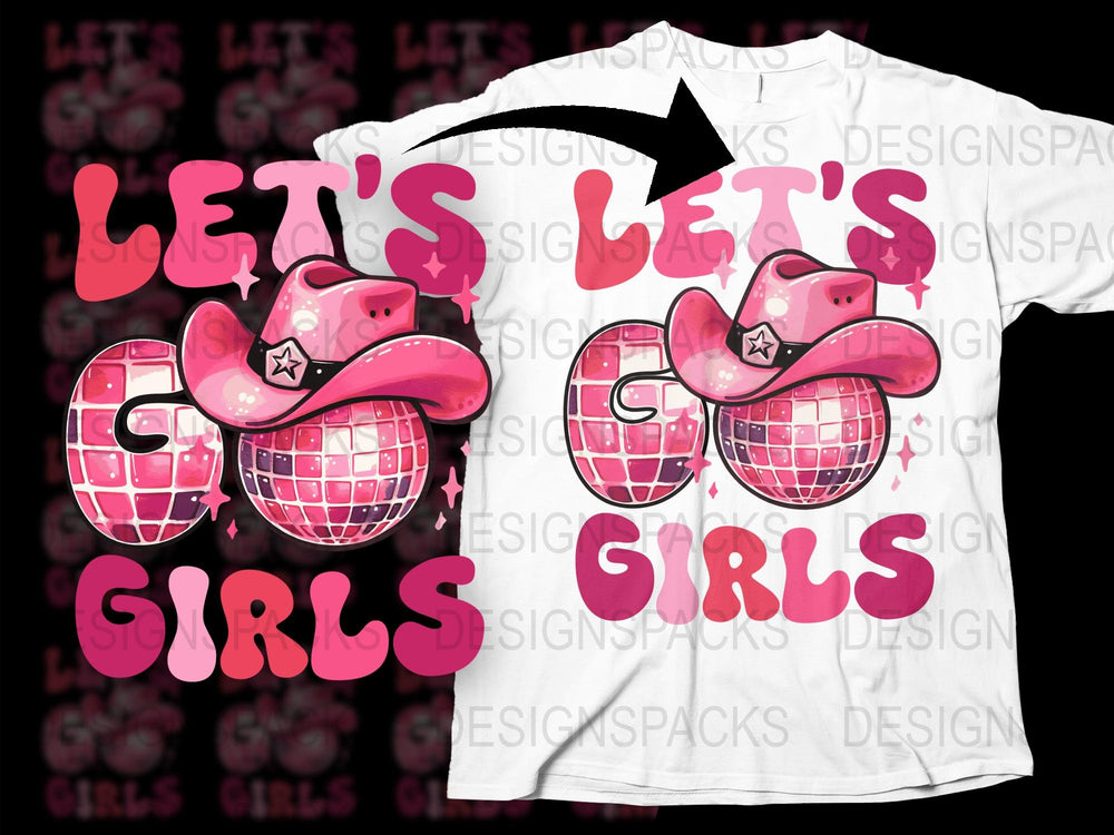 Let's Girls Graphic T-Shirt, Pink Cowboy Hat Design, Trendy Disco Ball Tee, Stylish Women's Top