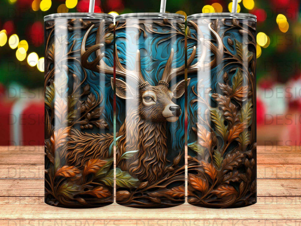 Deer head with antlers and autumn leaves on a blue textured background.
