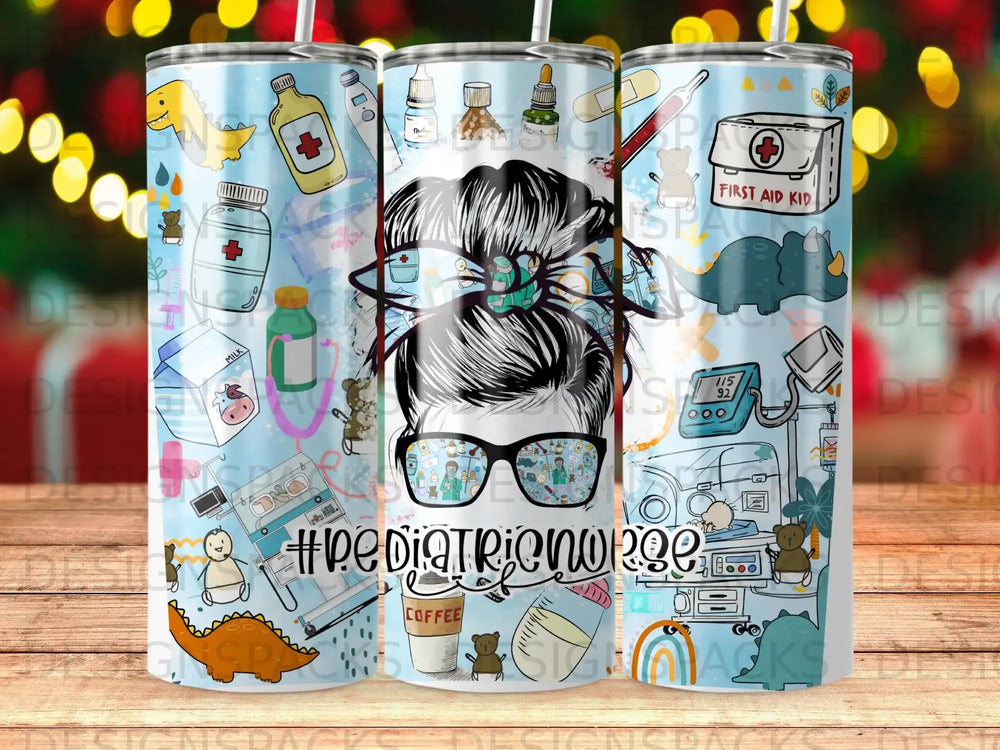 Tumbler with pediatric medical icons and "pediatric RN" text.
