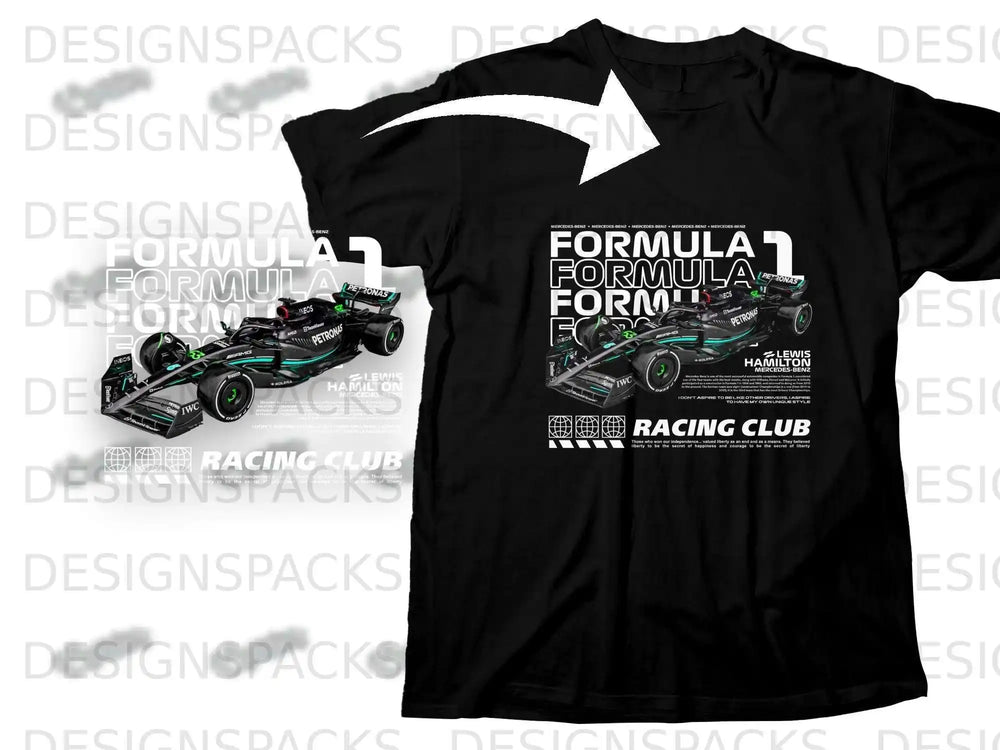 Black t-shirt with Mercedes-AMG Formula 1 car graphic and Lewis Hamilton text.