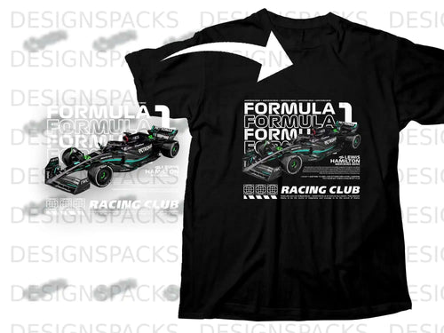 Black t-shirt with Mercedes-AMG Formula 1 car graphic and Lewis Hamilton text.