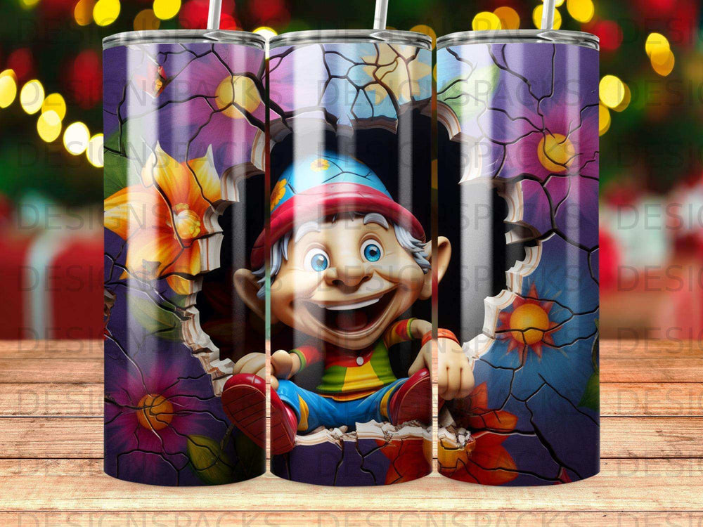 Cheerful cartoon gnome bursting through a colorful floral cracked wall.