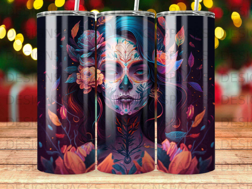 Sugar skull woman with floral headdress, dark background, vibrant colors.