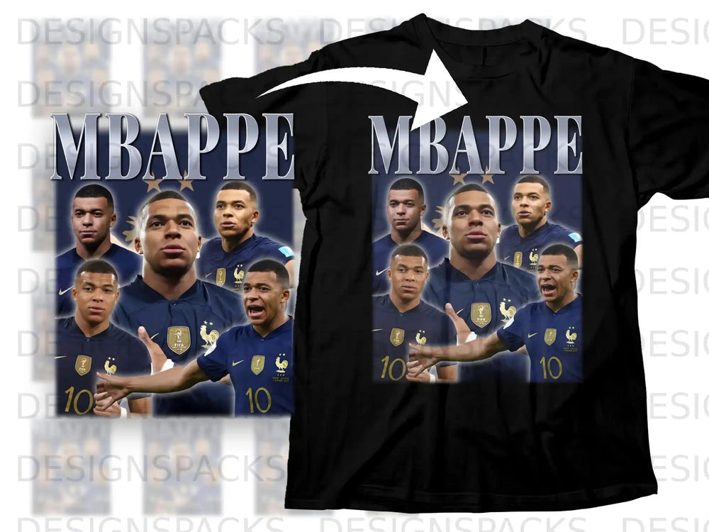 Kylian Mbappé on a black t-shirt with the FIFA logo and "10".