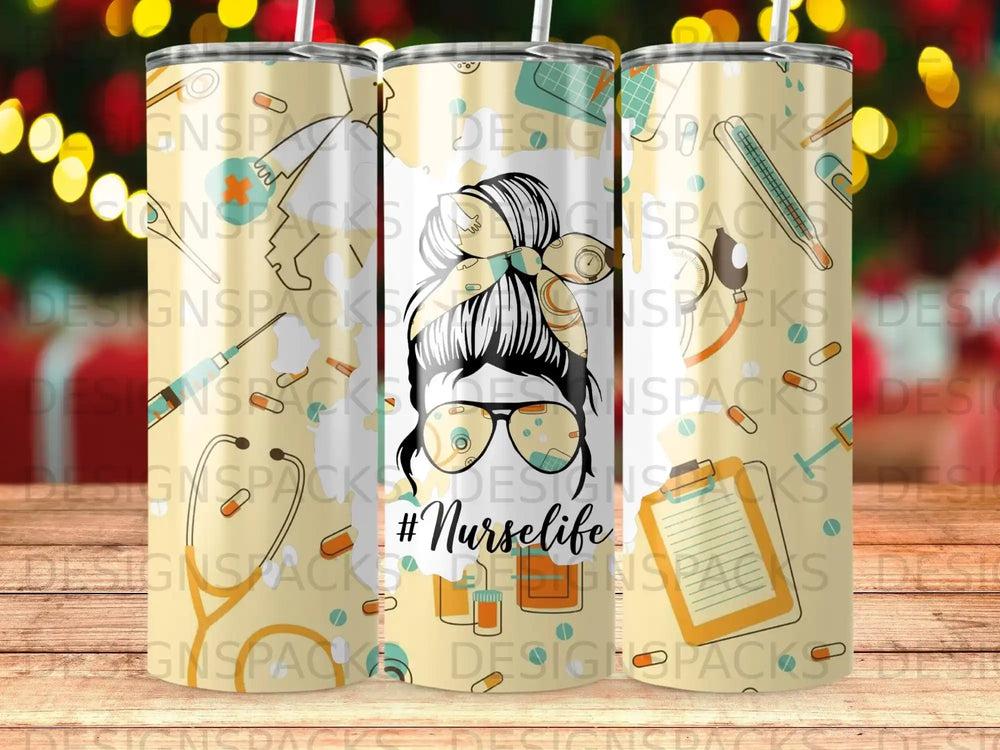 #Nurselife tumbler with medical icons and messy bun illustration.
