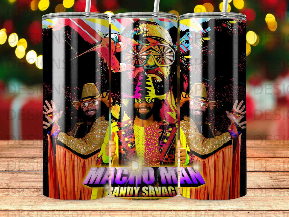 Macho Man Randy Savage with sunglasses and gold fringe on a tumbler.