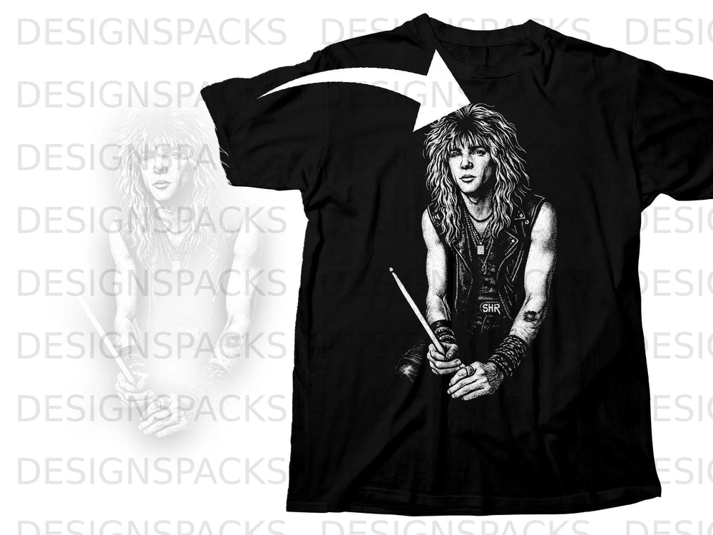 Black t-shirt with a graphic of a man with long hair holding drumsticks.