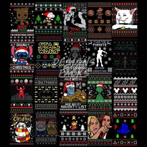 Ugly Christmas sweater designs bundle with pop culture characters, festive patterns, and holiday themes for DTG/DTF printing
