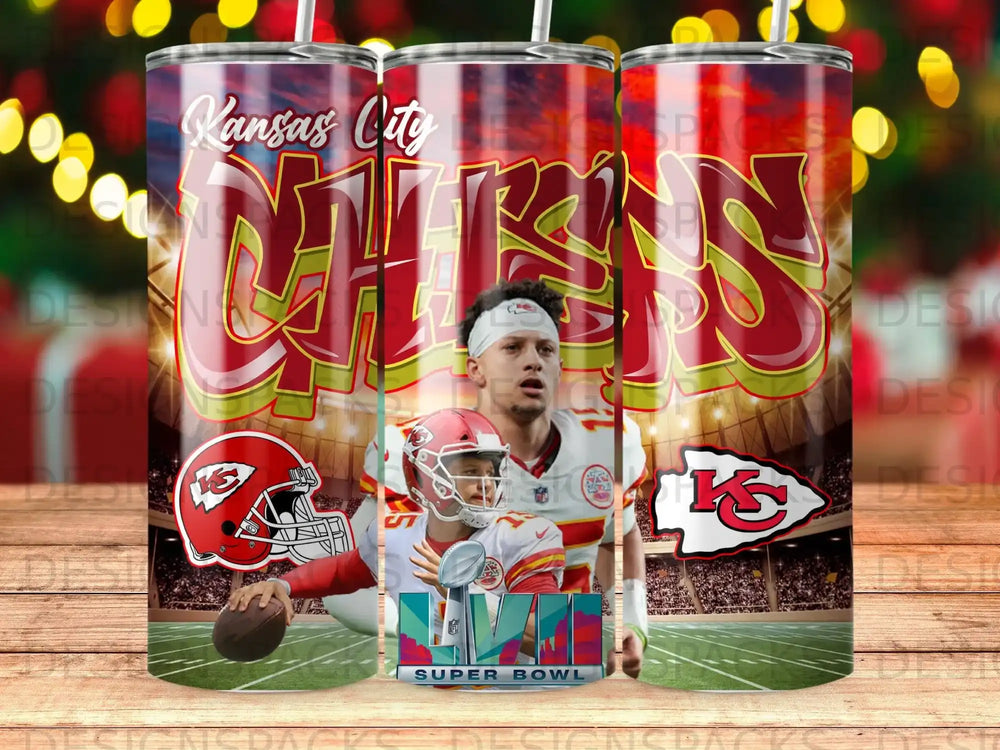Kansas City Chiefs Super Bowl LVIII logo and Patrick Mahomes.