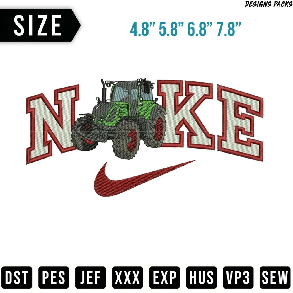Tractor inside Nike logo with embroidery file formats listed.