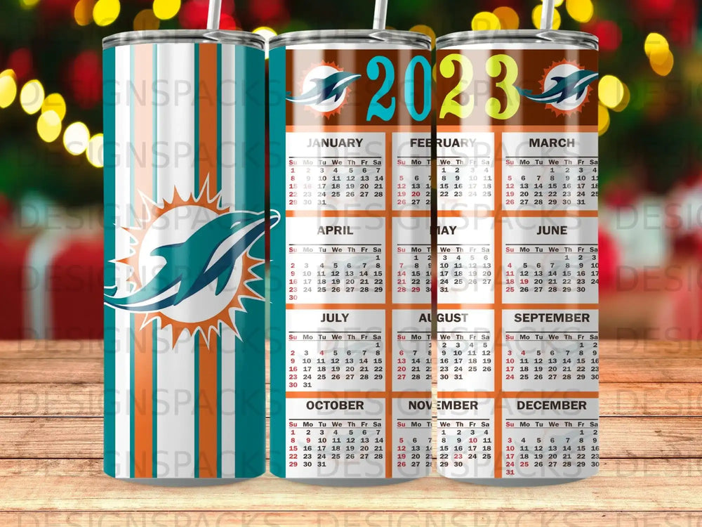 Tumbler with Miami Dolphins logo and 2023 calendar graphic.