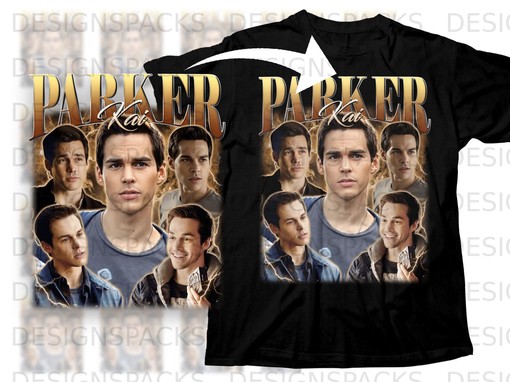 Black t-shirt with multiple portraits of actor Chris Wood as Kai Parker.
