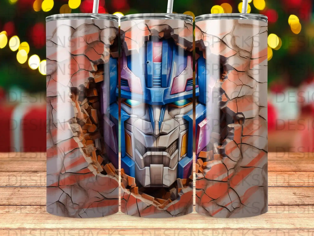 Optimus Prime robot head emerging from a cracked wall.